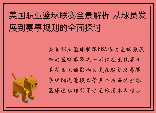 美国职业篮球联赛全景解析 从球员发展到赛事规则的全面探讨