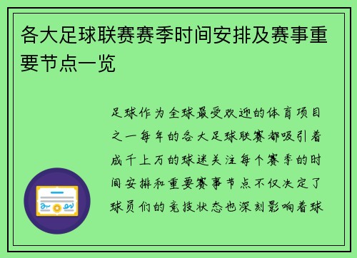 各大足球联赛赛季时间安排及赛事重要节点一览